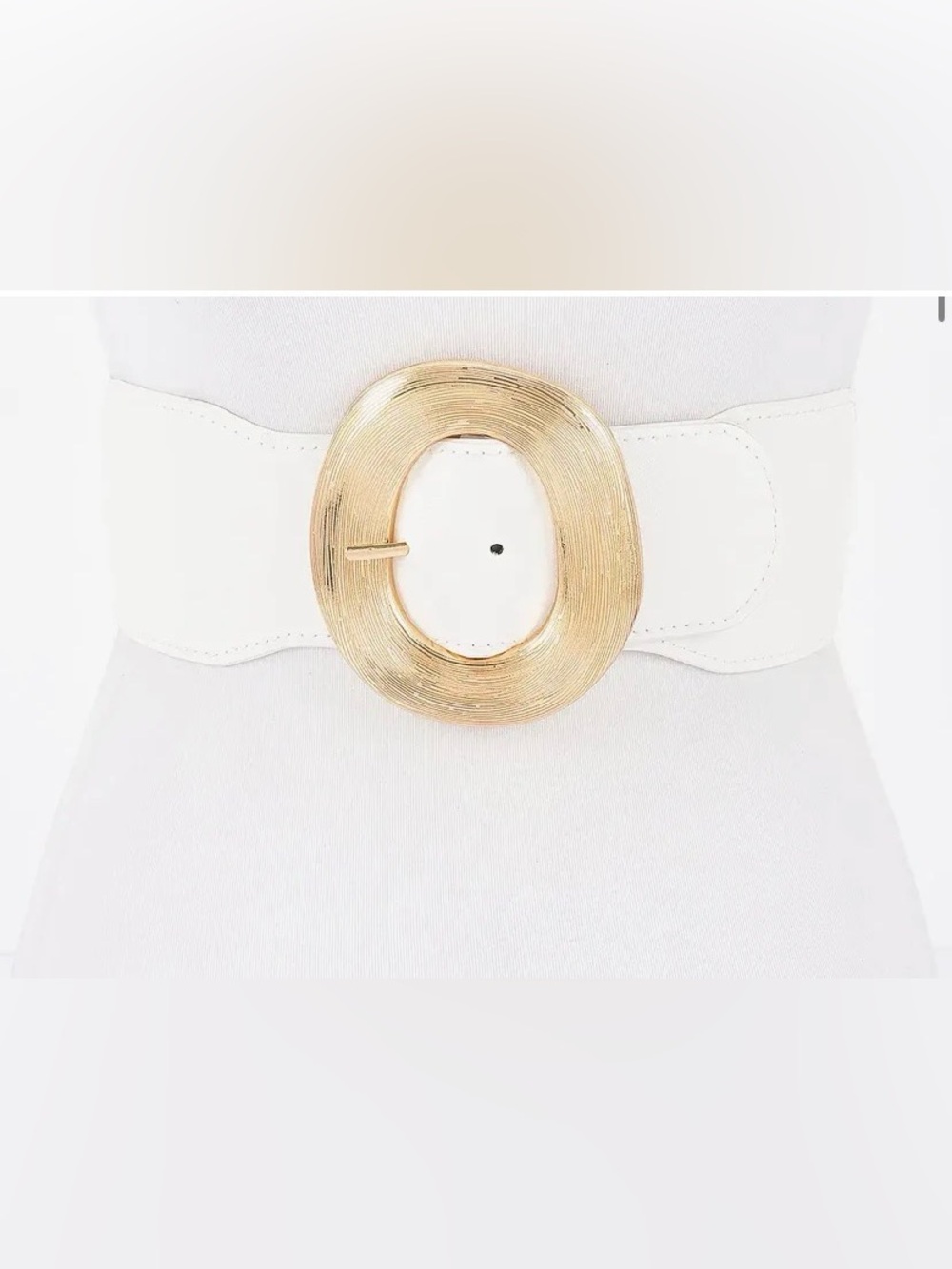 Wide White Elastic Belt with Oversized Gold Tone Oval Buckle